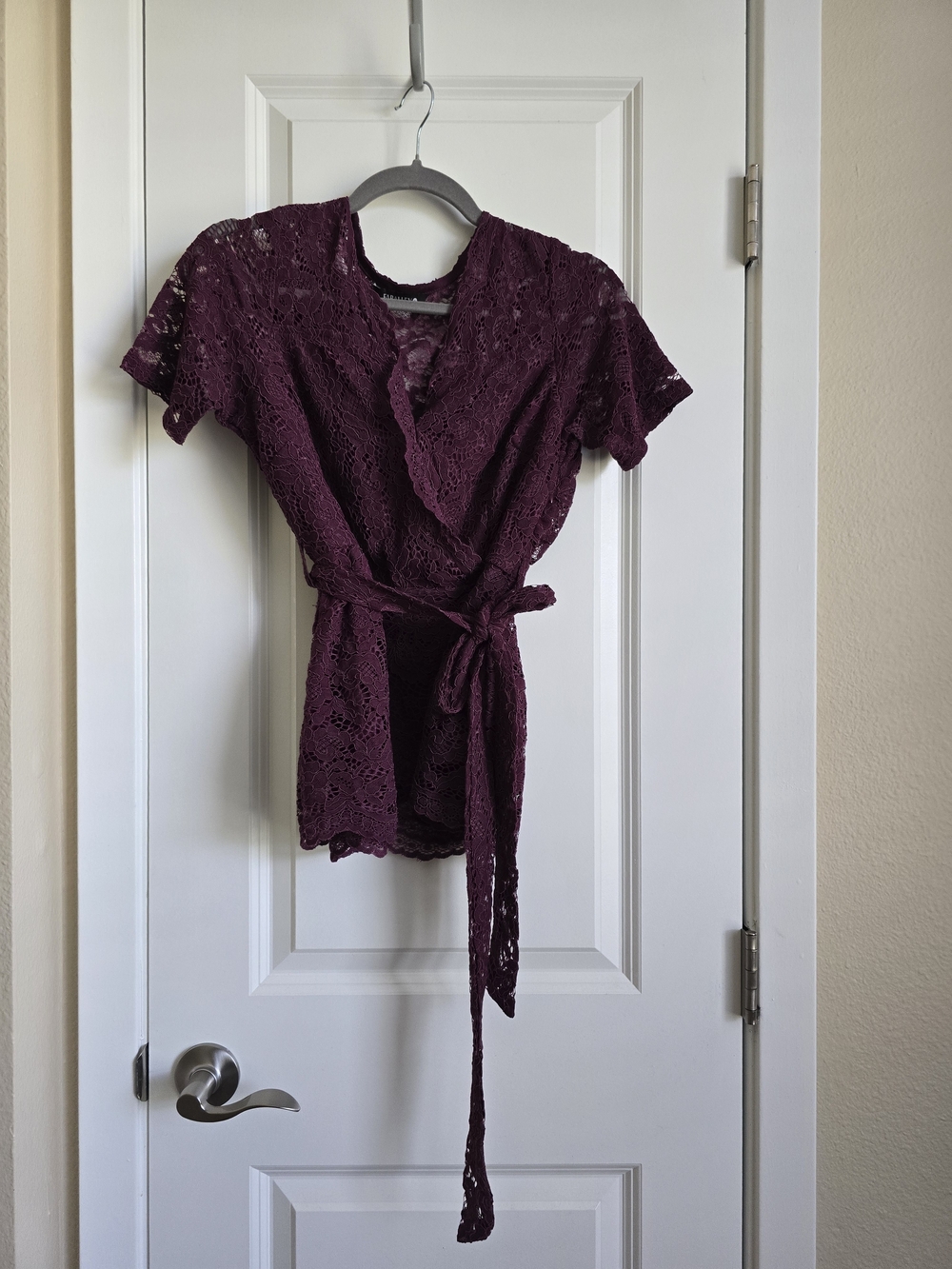 Plum Lace Peplum Top with Tie Front